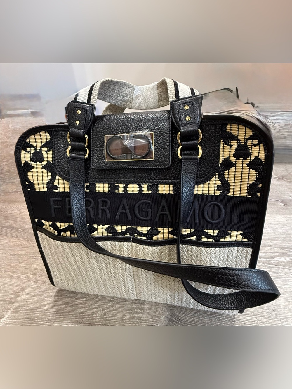 NEW Salvatore Ferragamo Black & Cream Raffia and Leather Tote